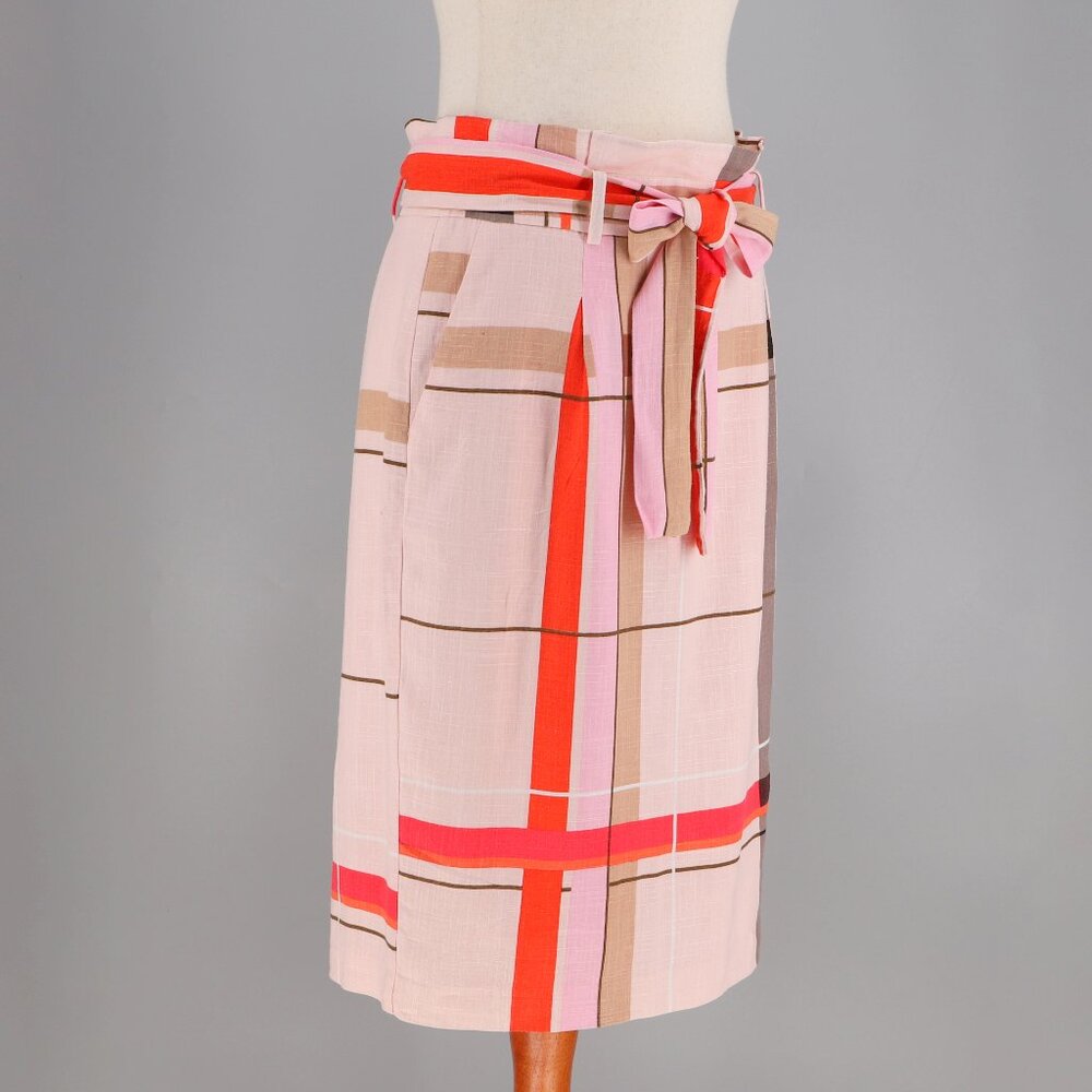 NWT ANN TAYLOR Linen Blend Plaid Tie-Waist Pencil Skirt Pink Multi Size 8
